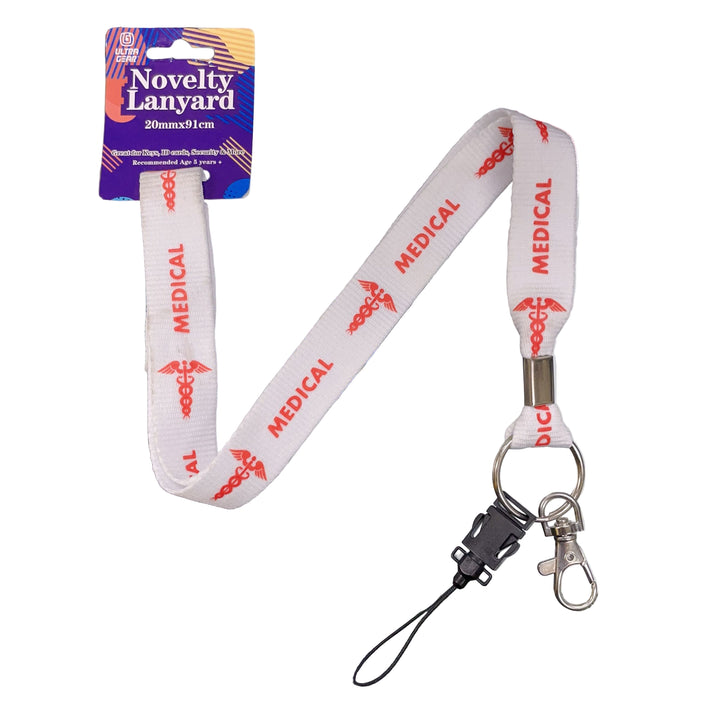 Medical lanyard with red text 