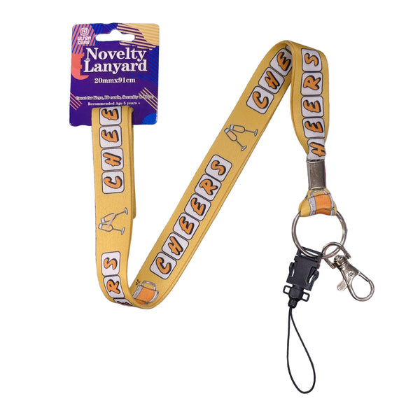Yellow lanyard with 'CHEERS' text on a reflective surface
